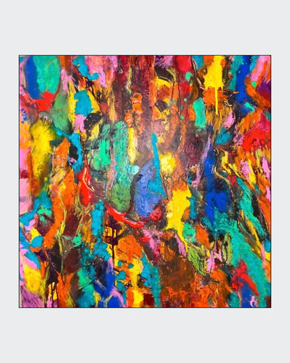 Abstrakte Acrylmalerei „Farben an die Macht“ von Tamara Polacek mit leuchtenden Farben, freien Farbverläufen und dynamischen Bewegungsspuren.