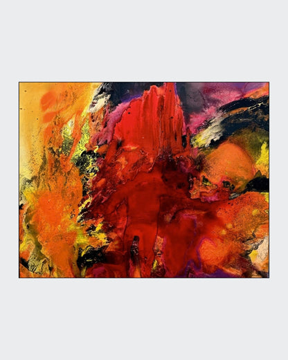 Abstrakte Acryl- und Ölmalerei „Feuerteufel“ von Tamara Polacek mit dynamischen Farbflächen in Rot, Orange, Gelb und Schwarz.