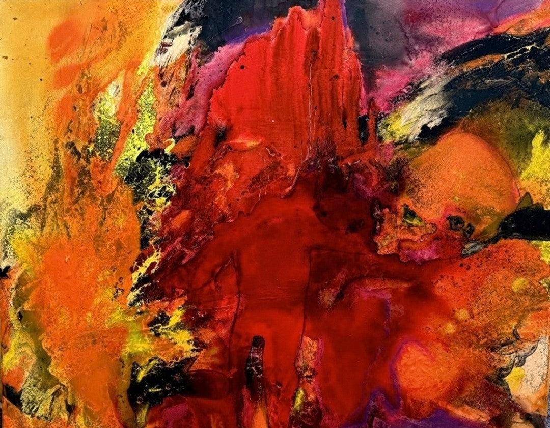 Abstrakte Acryl- und Ölmalerei „Feuerteufel“ von Tamara Polacek mit dynamischen Farbflächen in Rot, Orange, Gelb und Schwarz.