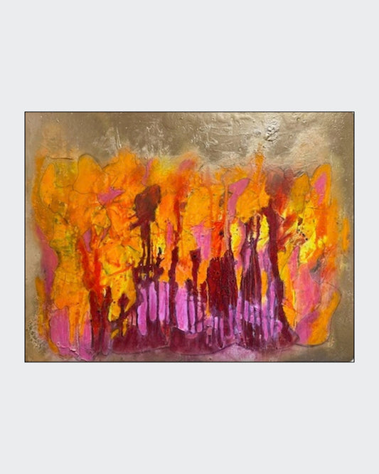 Abstrakte Acrylmalerei „Freude“ von Tamara Polacek mit leuchtenden Farbflächen in Gold, Orange, Rot und Gelb.
