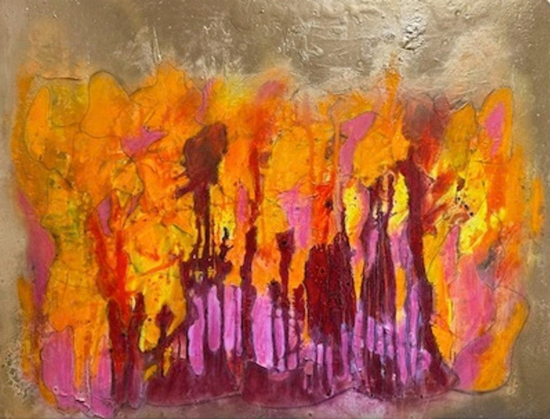 Abstrakte Acrylmalerei „Freude“ von Tamara Polacek mit leuchtenden Farbflächen in Gold, Orange, Rot und Gelb.