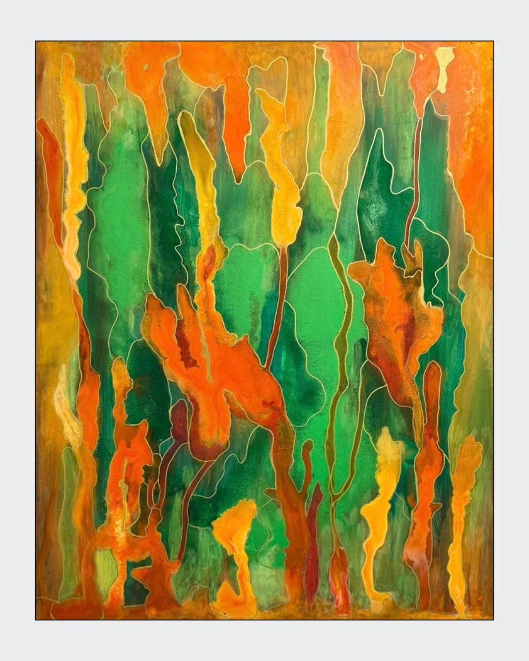 Abstrakte Acrylmalerei „Frühling“ von Tamara Polacek mit lebendigen Farbflächen in Grün, Orange, Gelb und Braun.