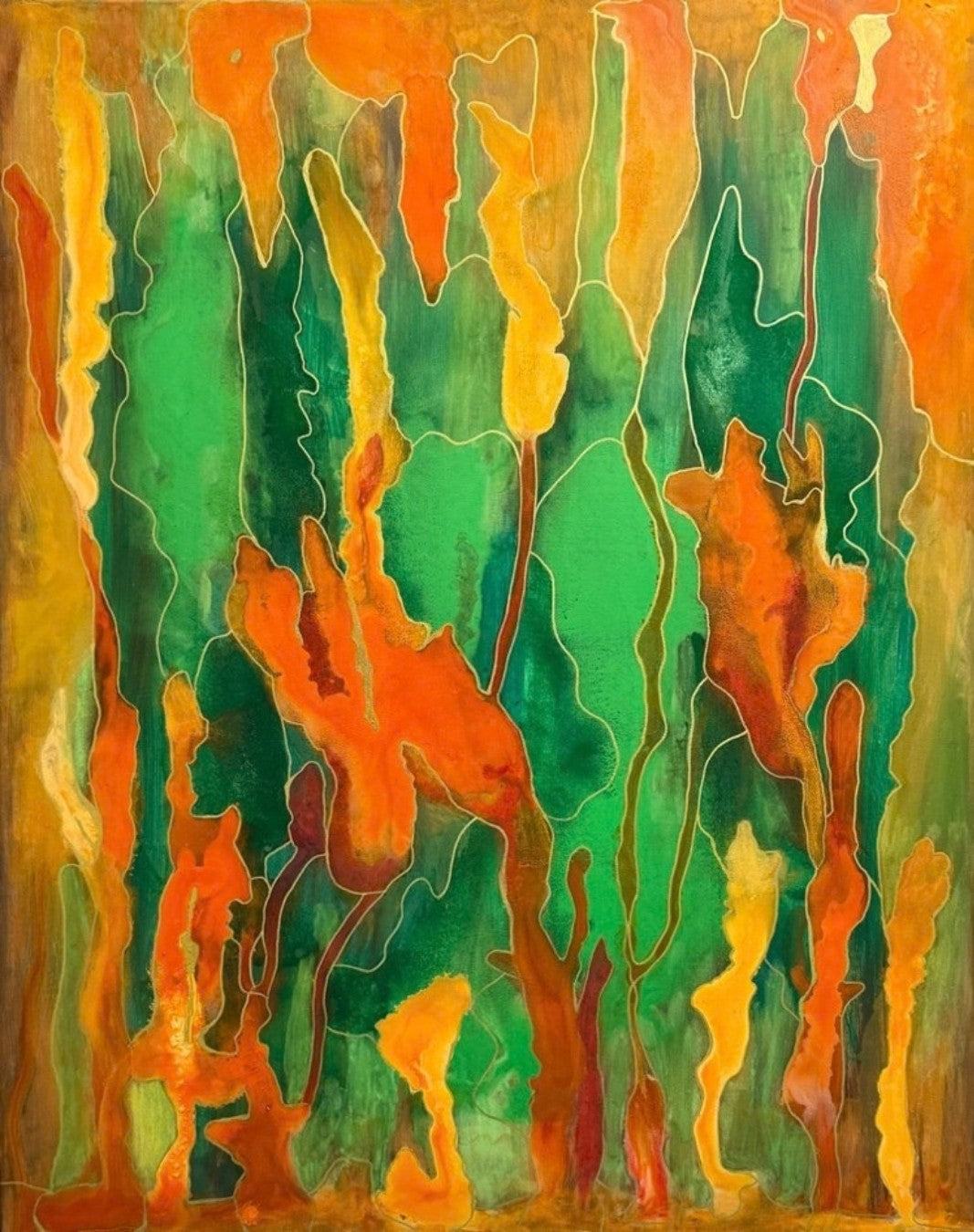 Abstrakte Acrylmalerei „Frühling“ von Tamara Polacek mit lebendigen Farbflächen in Grün, Orange, Gelb und Braun.