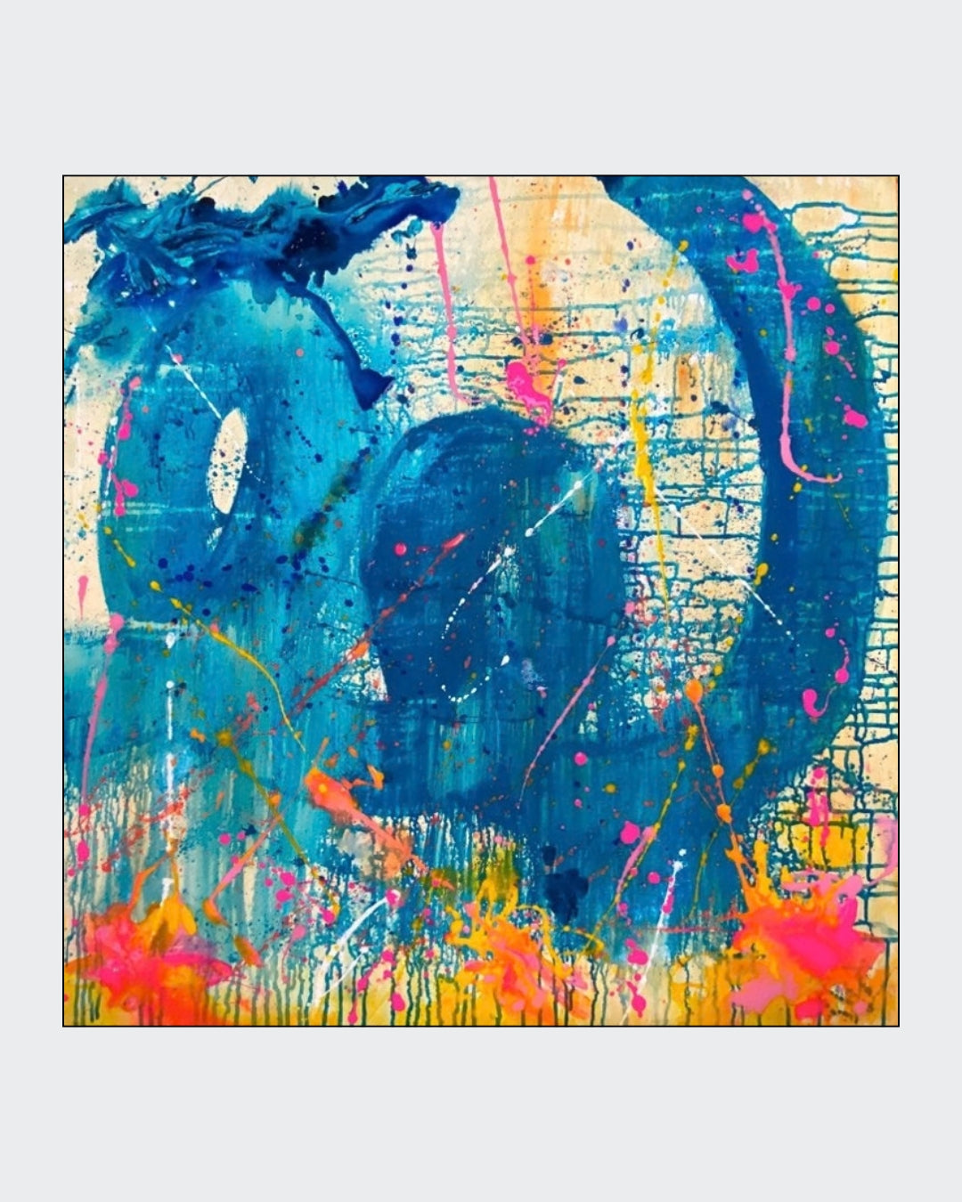 Abstrakte Acrylmalerei „Mental Health“ von Tamara Polacek mit dynamischen Farbflächen in Blau, Gelb, Orange und Pink.