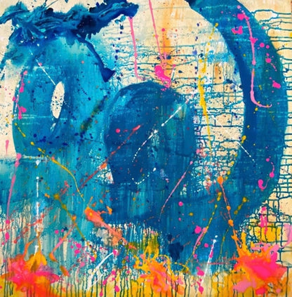 Abstrakte Acrylmalerei „Mental Health“ von Tamara Polacek mit dynamischen Farbflächen in Blau, Gelb, Orange und Pink.