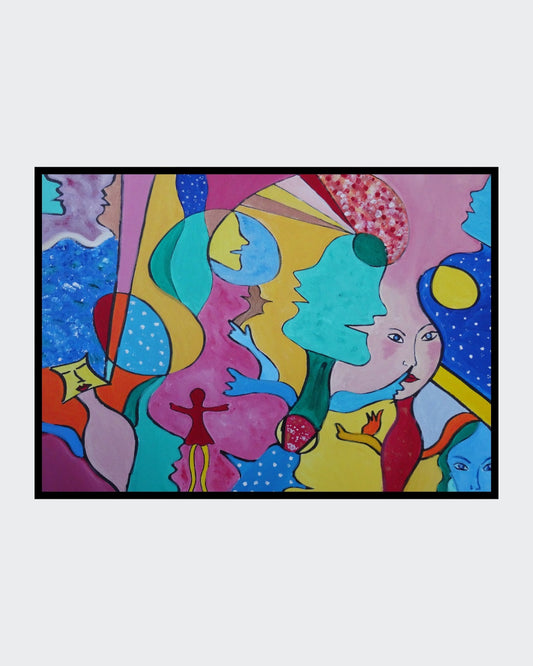 Buntes abstraktes Querformat mit vielen figurenähnlichen Elementen und dynamischen Farbkombinationen.