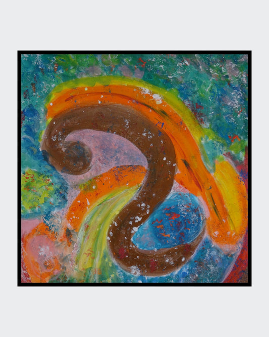 Quadratisches abstraktes Gemälde mit bronzener geschwungener Form, orangefarbenen Lichtakzenten und blau‑grünen Flächen.