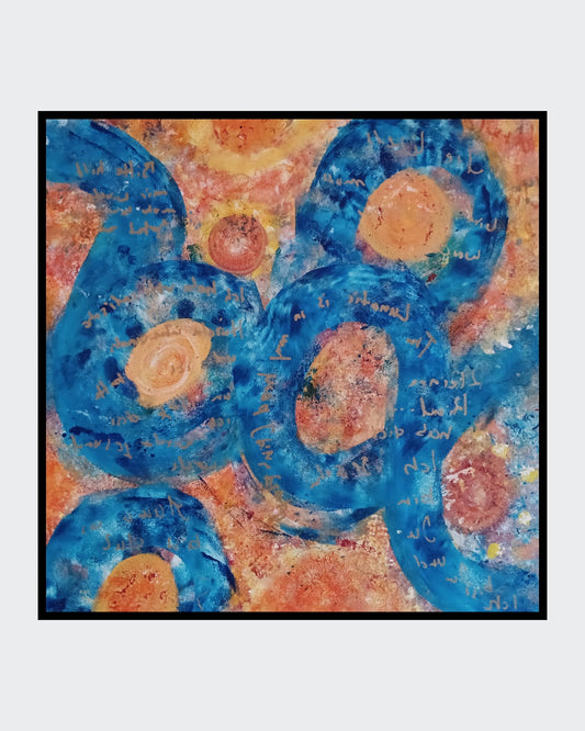 Abstraktes Gemälde mit verschlungenen Acht‑Formen, warmen Farbschichten und blauen Bereichen mit Schriftfragmenten.