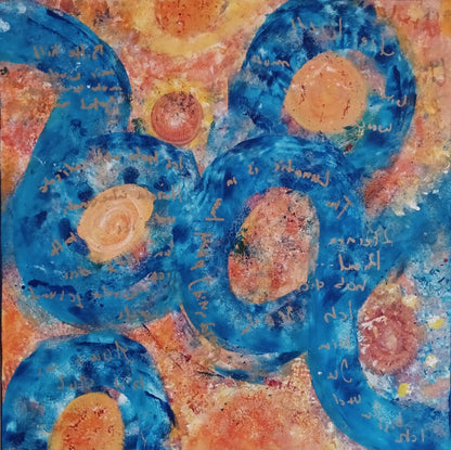 Abstraktes Gemälde mit verschlungenen Acht‑Formen, warmen Farbschichten und blauen Bereichen mit Schriftfragmenten.