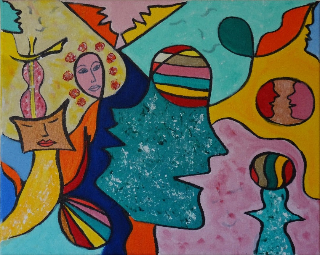Buntes Gemälde mit fantasievollen Gesichtern, schwungvollen Linien und intensiven Farbkombinationen.