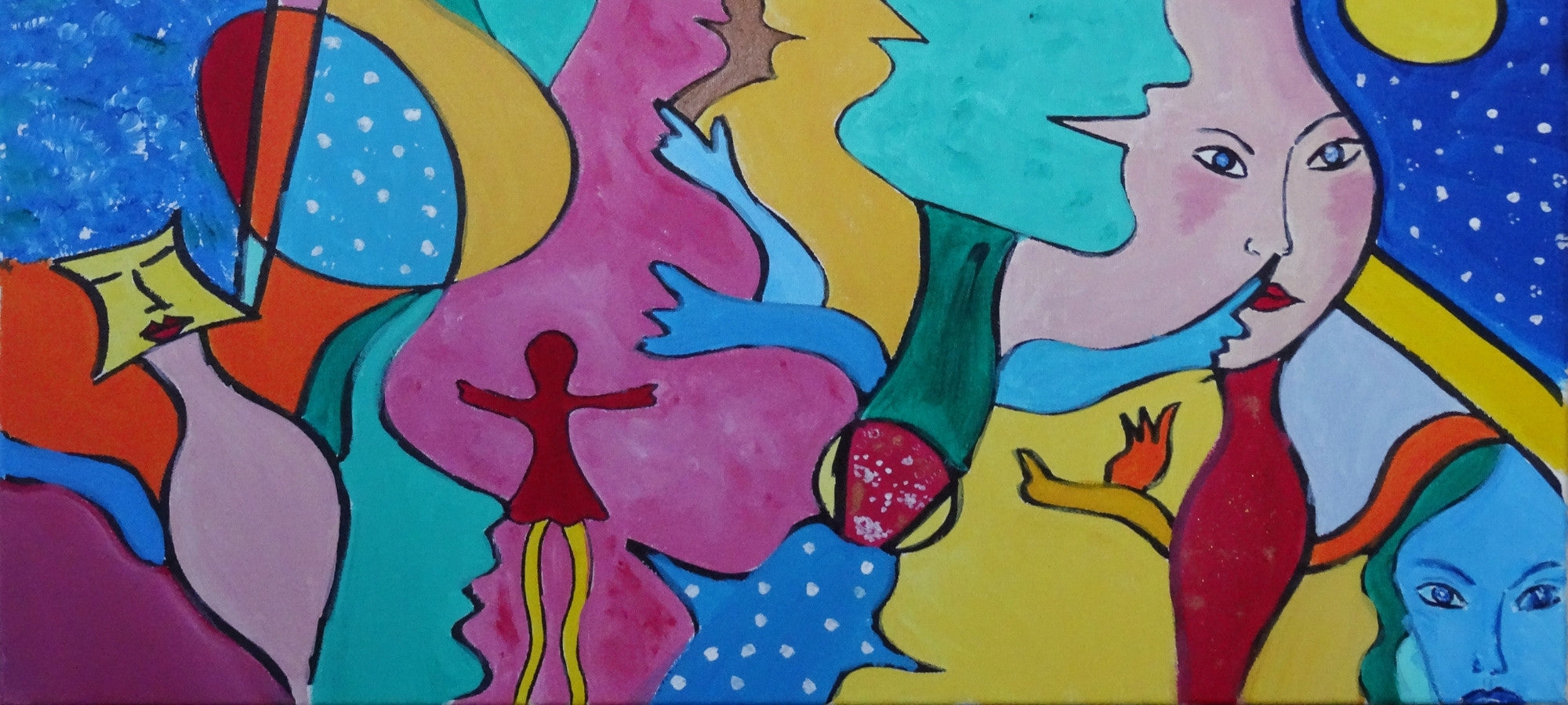 Farbenintensives abstraktes Gemälde mit organischen Formen, dynamischer Komposition und einer stilisierten zentralen Figur – moderne Kunst mit lebhaftem Ausdruck und starkem visuellen Kontrast.