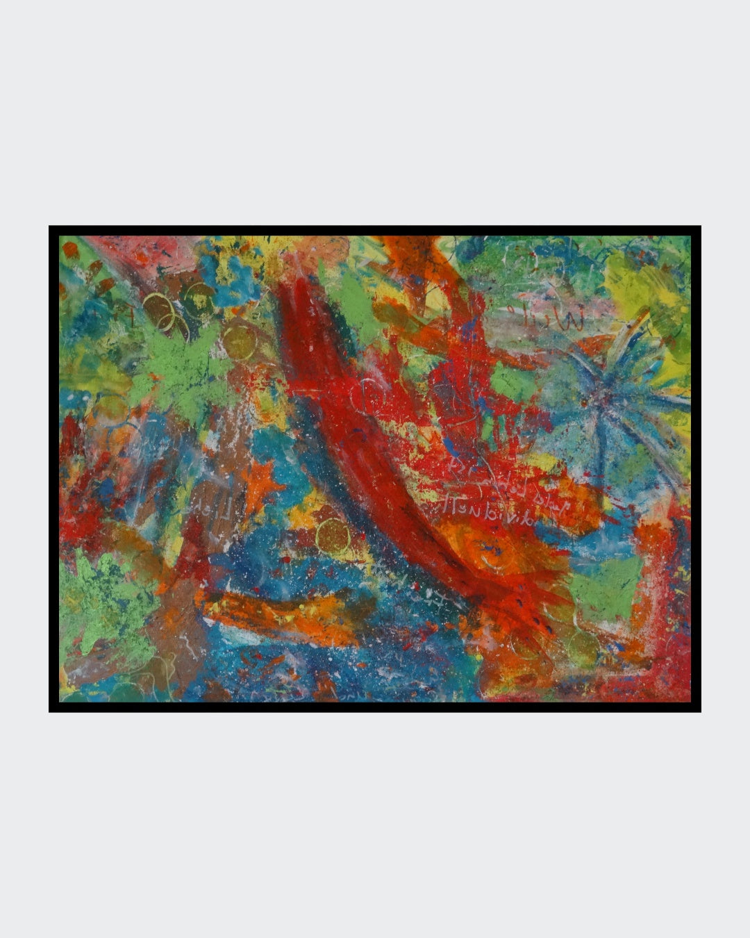 Abstraktes Gemälde mit geschwungener roter Form, blauen und grünen Bereichen und leuchtenden Farbübergängen.