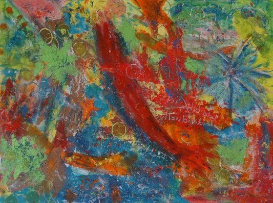 Abstraktes Gemälde mit geschwungener roter Form, blauen und grünen Bereichen und leuchtenden Farbübergängen.