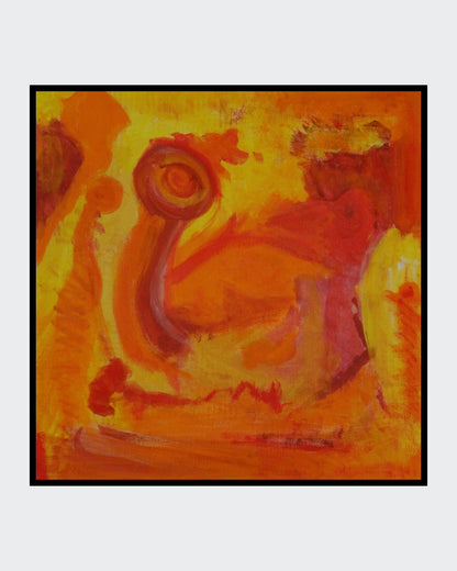 Warme abstrakte Komposition in Rot‑, Orange‑ und Gelbtönen mit subtil figurenähnlichen Formen.