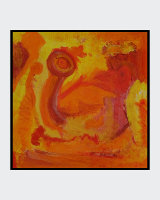 Warme abstrakte Komposition in Rot‑, Orange‑ und Gelbtönen mit subtil figurenähnlichen Formen.