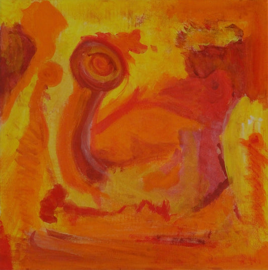 Warme abstrakte Komposition in Rot‑, Orange‑ und Gelbtönen mit subtil figurenähnlichen Formen.