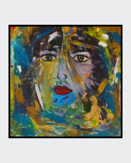 Quadratisches Gemälde in Blau‑ und Erdtönen mit abstrakter Kopfstruktur und markanten Farbakzenten.