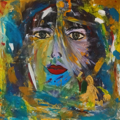 Quadratisches Gemälde in Blau‑ und Erdtönen mit abstrakter Kopfstruktur und markanten Farbakzenten.