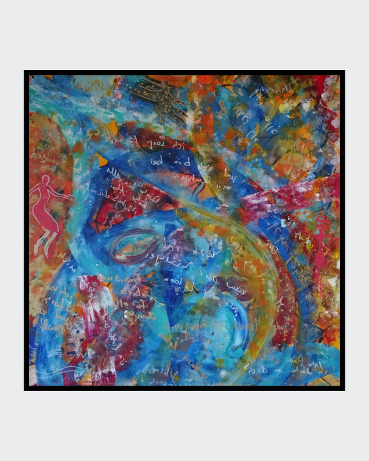 Quadratisches farbenintensives Gemälde mit Wortfragmenten und abstrakten Farbschichten.
