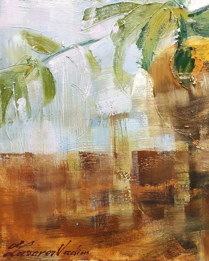 Detailansicht: Ölgemälde von Vadim Lazarev, 80 × 80 cm. Eine braune Vase mit Zweigen und leuchtend gelben Apfelsinen vor einem impressionistisch gehaltenen Hintergrund. Licht, Farbe und Textur verschmelzen zu einer harmonischen Komposition.