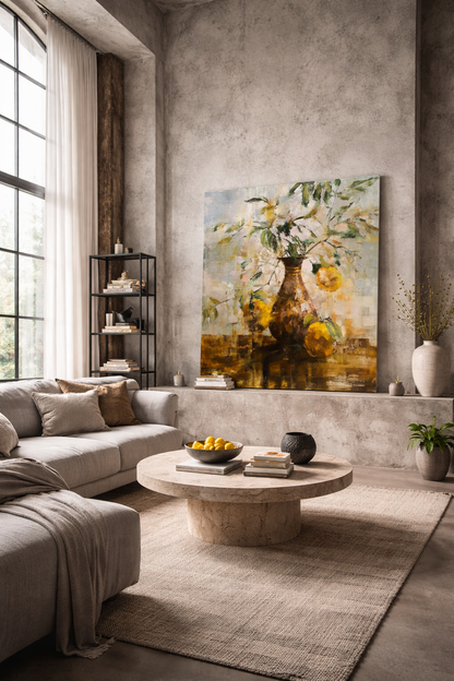 Detailansicht: Ölgemälde von Vadim Lazarev, 80 × 80 cm. Eine braune Vase mit Zweigen und leuchtend gelben Apfelsinen vor einem impressionistisch gehaltenen Hintergrund. Licht, Farbe und Textur verschmelzen zu einer harmonischen Komposition.