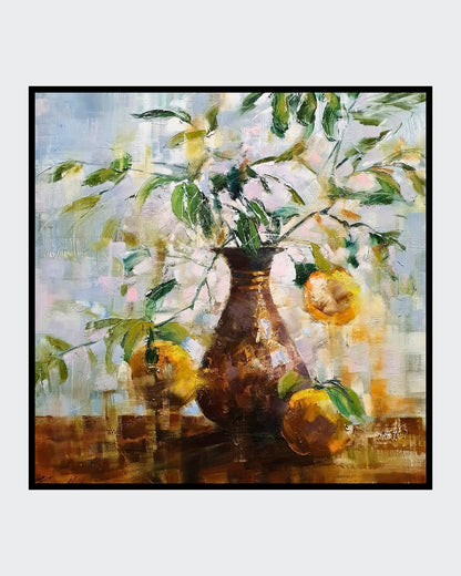 Ölgemälde von Vadim Lazarev, 80 × 80 cm. Eine braune Vase mit Zweigen und leuchtend gelben Apfelsinen vor einem impressionistisch gehaltenen Hintergrund. Licht, Farbe und Textur verschmelzen zu einer harmonischen Komposition.