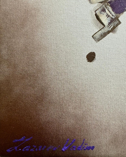 Detailaufnahme zu: Expressives Ölgemälde „Charme“ von Vadim Lazarev (80 × 80 cm). Porträt einer Frau mit intensiven Blick, umgeben von dynamischen Pinselstrukturen in erdigen und violetten Farbtönen.