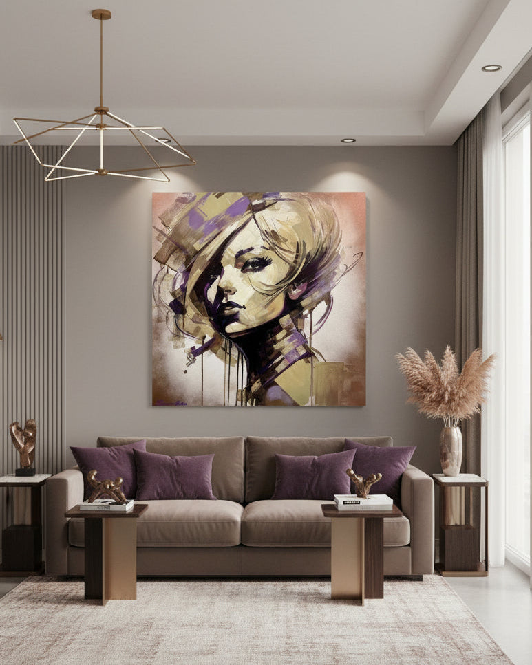 Raumbild zu: Expressives Ölgemälde „Charme“ von Vadim Lazarev (80 × 80 cm). Porträt einer Frau mit intensiven Blick, umgeben von dynamischen Pinselstrukturen in erdigen und violetten Farbtönen.