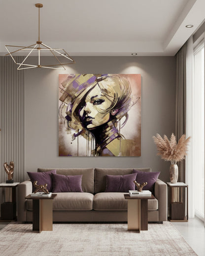 Raumbild zu: Expressives Ölgemälde „Charme“ von Vadim Lazarev (80 × 80 cm). Porträt einer Frau mit intensiven Blick, umgeben von dynamischen Pinselstrukturen in erdigen und violetten Farbtönen.