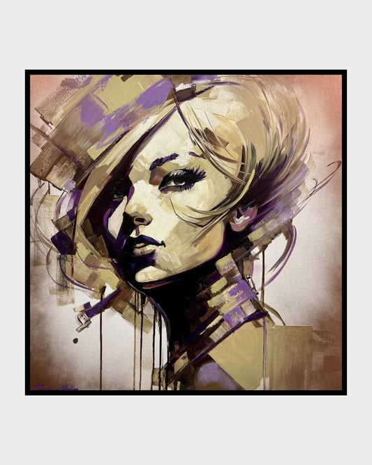 Expressives Ölgemälde „Charme“ von Vadim Lazarev (80 × 80 cm). Porträt einer Frau mit intensiven Blick, umgeben von dynamischen Pinselstrukturen in erdigen und violetten Farbtönen.