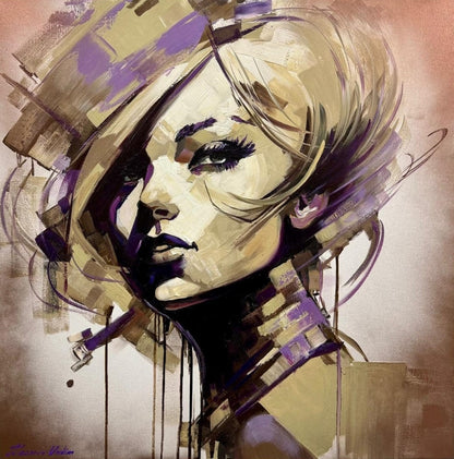 Expressives Ölgemälde „Charme“ von Vadim Lazarev (80 × 80 cm). Porträt einer Frau mit intensiven Blick, umgeben von dynamischen Pinselstrukturen in erdigen und violetten Farbtönen.