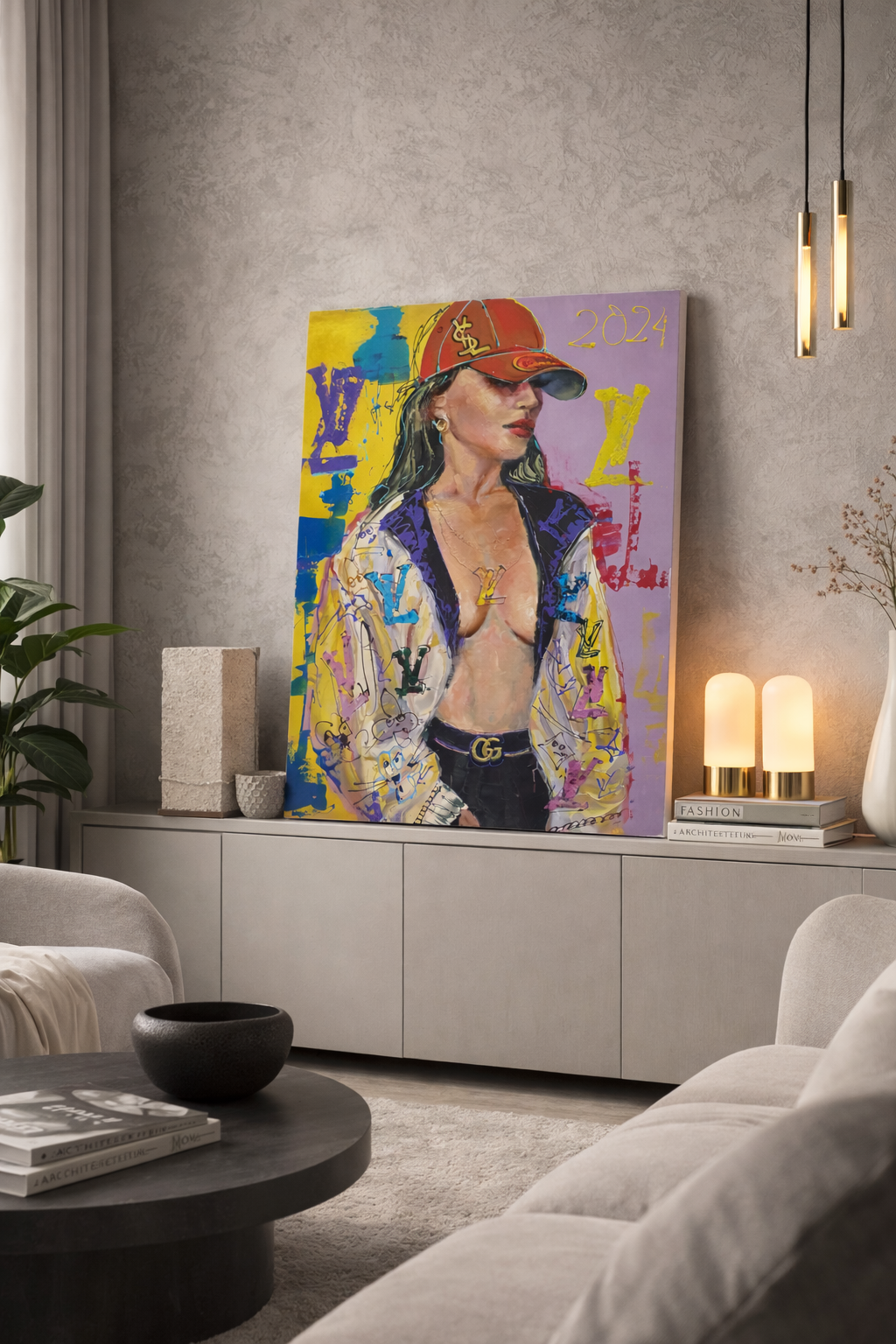 Ölgemälde von Vadim Lazarev, 100 × 70 cm. Eine stilisierte Frau in luxuriöser Kleidung mit markanten Logos, roter Kappe und offenem Oberteil. Farbenfroher Hintergrund mit dynamischen Pinselstrichen in Gelb, Blau, Rot und Lila. Ausdrucksstarke Komposition zwischen Street-Art, Mode und figürlicher Malerei.