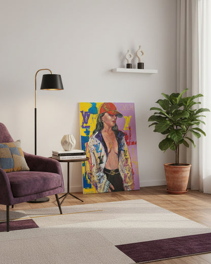 Ölgemälde von Vadim Lazarev, 100 × 70 cm. Eine stilisierte Frau in luxuriöser Kleidung mit markanten Logos, roter Kappe und offenem Oberteil. Farbenfroher Hintergrund mit dynamischen Pinselstrichen in Gelb, Blau, Rot und Lila. Ausdrucksstarke Komposition zwischen Street-Art, Mode und figürlicher Malerei.