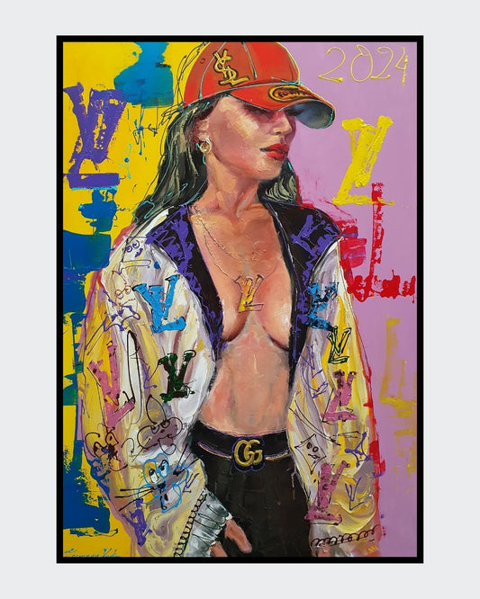 Ölgemälde von Vadim Lazarev, 100 × 70 cm. Eine stilisierte Frau in luxuriöser Kleidung mit markanten Logos, roter Kappe und offenem Oberteil. Farbenfroher Hintergrund mit dynamischen Pinselstrichen in Gelb, Blau, Rot und Lila. Ausdrucksstarke Komposition zwischen Street-Art, Mode und figürlicher Malerei.