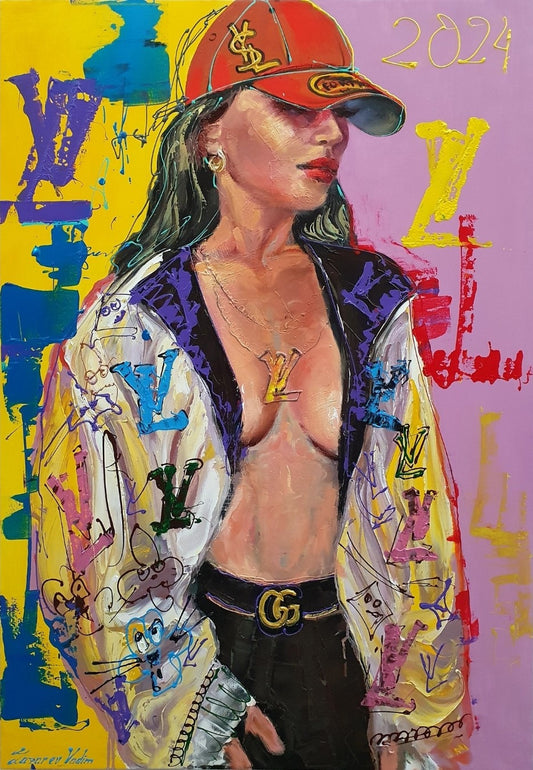 Ölgemälde von Vadim Lazarev, 100 × 70 cm. Eine stilisierte Frau in luxuriöser Kleidung mit markanten Logos, roter Kappe und offenem Oberteil. Farbenfroher Hintergrund mit dynamischen Pinselstrichen in Gelb, Blau, Rot und Lila. Ausdrucksstarke Komposition zwischen Street-Art, Mode und figürlicher Malerei.