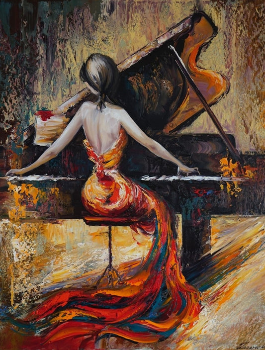 Ölgemälde von Vadim Lazarev, 100 × 70 cm. Eine elegante Pianistin sitzt mit dem Rücken zum Betrachter vor einem Flügel. Ihr feurig rotes Kleid fließt dynamisch über den Boden. Die Szene ist in warmen Gold-, Braun- und Rottönen gehalten, mit expressiven Pinselstrichen, die Bewegung und Leidenschaft vermitteln.