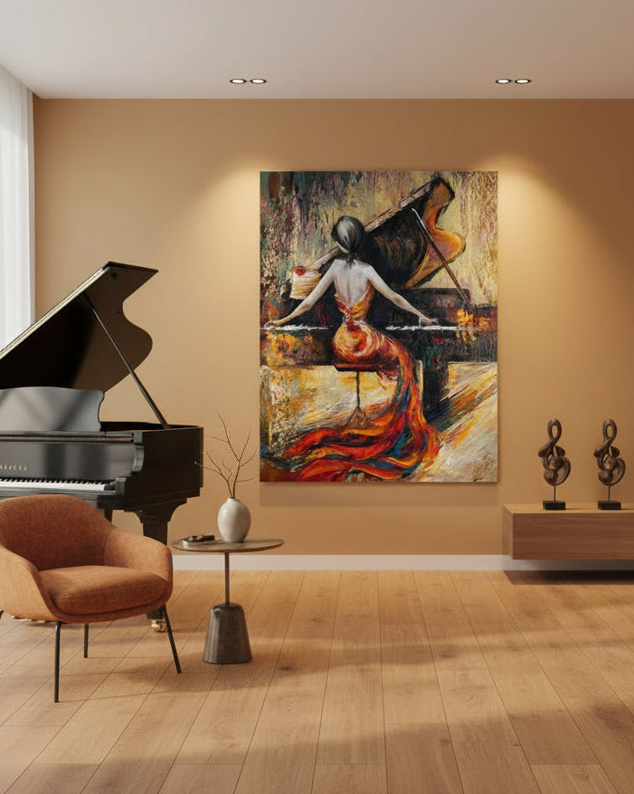 Ölgemälde von Vadim Lazarev, 100 × 70 cm. Eine elegante Pianistin sitzt mit dem Rücken zum Betrachter vor einem Flügel. Ihr feurig rotes Kleid fließt dynamisch über den Boden. Die Szene ist in warmen Gold-, Braun- und Rottönen gehalten, mit expressiven Pinselstrichen, die Bewegung und Leidenschaft vermitteln.
