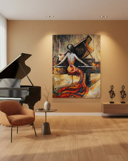 Ölgemälde von Vadim Lazarev, 100 × 70 cm. Eine elegante Pianistin sitzt mit dem Rücken zum Betrachter vor einem Flügel. Ihr feurig rotes Kleid fließt dynamisch über den Boden. Die Szene ist in warmen Gold-, Braun- und Rottönen gehalten, mit expressiven Pinselstrichen, die Bewegung und Leidenschaft vermitteln.