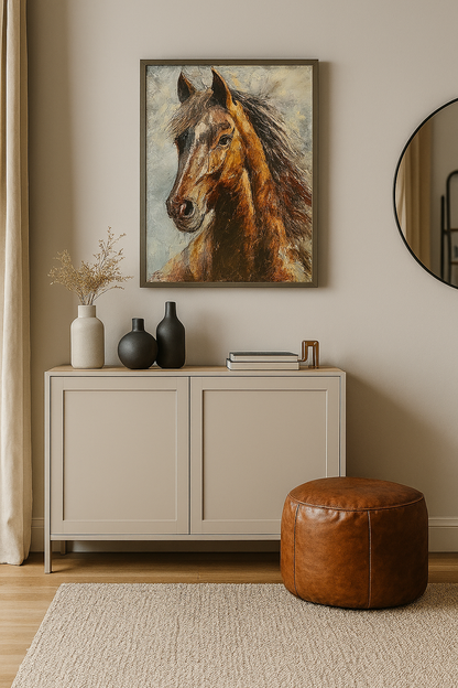 Ein detailreiches Ölgemälde von Vadim Lazarev (Das Pferd), das den Kopf eines braunen Pferdes mit wehender Mähne zeigt. Die dynamischen Pinselstriche und pastosen Farbschichten verleihen dem Bild Bewegung und Tiefe. Warme Erdtöne, kombiniert mit kühlen Lichtreflexen, betonen die Kraft und Anmut des Tieres. Der Hintergrund ist impressionistisch gehalten, wodurch das Pferd lebendig und ausdrucksstark wirkt.