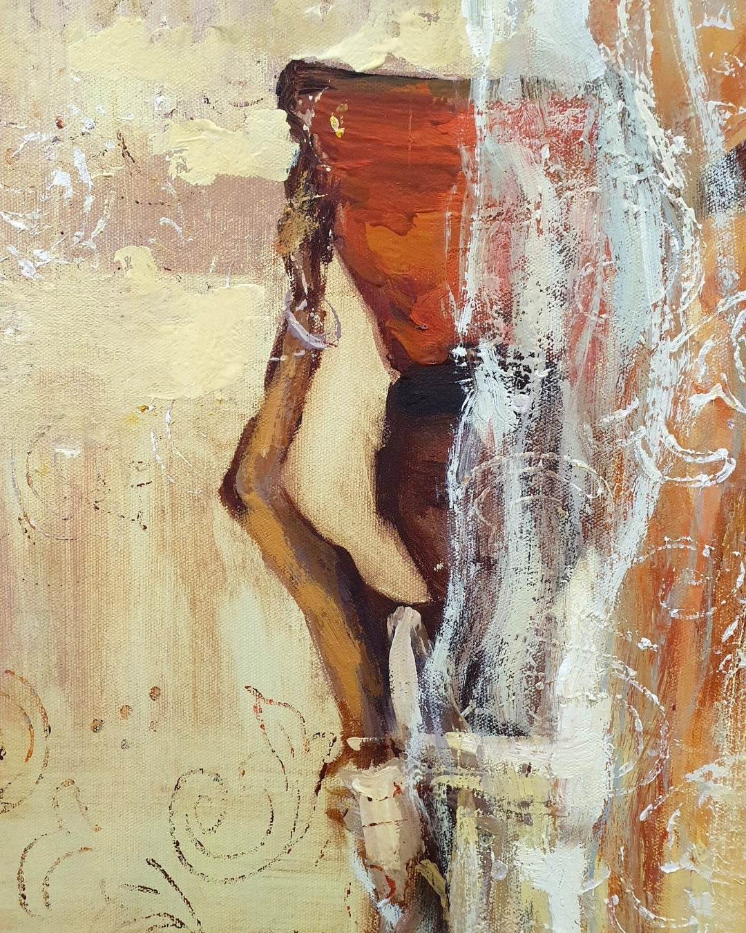 Das Gemälde Die Frauen von Vadim Lazarev zeigt eine Gruppe von Frauen mit großen Körben auf dem Kopf, in fließenden Gewändern und warmen Sandtönen. Ihre Gesichtszüge sind bewusst abstrahiert, sodass der Fokus auf der Bewegung und dem Ausdruck der Figuren liegt. Die Textur des Farbauftrags und sanfte, impressionistische Lichtreflexe verleihen dem Werk eine lebendige Tiefe. Eine Hommage an Weiblichkeit, Gemeinschaft und Tradition.