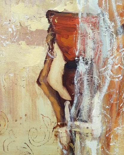 Das Gemälde Die Frauen von Vadim Lazarev zeigt eine Gruppe von Frauen mit großen Körben auf dem Kopf, in fließenden Gewändern und warmen Sandtönen. Ihre Gesichtszüge sind bewusst abstrahiert, sodass der Fokus auf der Bewegung und dem Ausdruck der Figuren liegt. Die Textur des Farbauftrags und sanfte, impressionistische Lichtreflexe verleihen dem Werk eine lebendige Tiefe. Eine Hommage an Weiblichkeit, Gemeinschaft und Tradition.