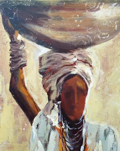 Das Gemälde Die Frauen von Vadim Lazarev zeigt eine Gruppe von Frauen mit großen Körben auf dem Kopf, in fließenden Gewändern und warmen Sandtönen. Ihre Gesichtszüge sind bewusst abstrahiert, sodass der Fokus auf der Bewegung und dem Ausdruck der Figuren liegt. Die Textur des Farbauftrags und sanfte, impressionistische Lichtreflexe verleihen dem Werk eine lebendige Tiefe. Eine Hommage an Weiblichkeit, Gemeinschaft und Tradition.