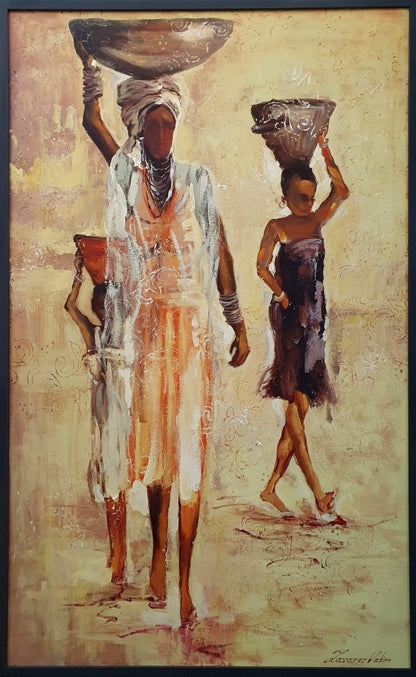 Das Gemälde Die Frauen von Vadim Lazarev zeigt eine Gruppe von Frauen mit großen Körben auf dem Kopf, in fließenden Gewändern und warmen Sandtönen. Ihre Gesichtszüge sind bewusst abstrahiert, sodass der Fokus auf der Bewegung und dem Ausdruck der Figuren liegt. Die Textur des Farbauftrags und sanfte, impressionistische Lichtreflexe verleihen dem Werk eine lebendige Tiefe. Eine Hommage an Weiblichkeit, Gemeinschaft und Tradition.