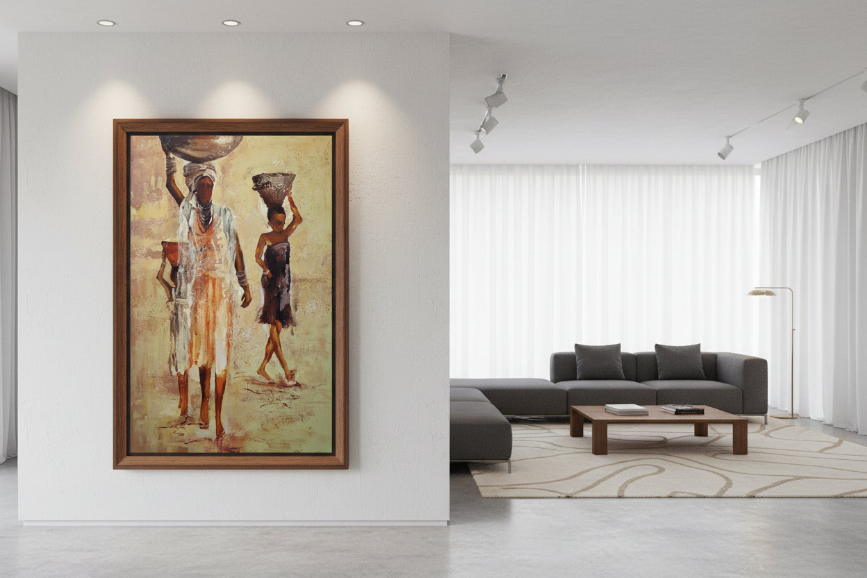 Das Gemälde Die Frauen von Vadim Lazarev zeigt eine Gruppe von Frauen mit großen Körben auf dem Kopf, in fließenden Gewändern und warmen Sandtönen. Ihre Gesichtszüge sind bewusst abstrahiert, sodass der Fokus auf der Bewegung und dem Ausdruck der Figuren liegt. Die Textur des Farbauftrags und sanfte, impressionistische Lichtreflexe verleihen dem Werk eine lebendige Tiefe. Eine Hommage an Weiblichkeit, Gemeinschaft und Tradition.