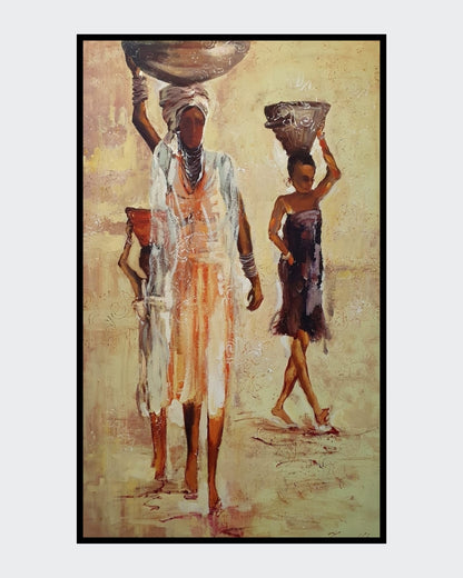 Das Gemälde Die Frauen von Vadim Lazarev zeigt eine Gruppe von Frauen mit großen Körben auf dem Kopf, in fließenden Gewändern und warmen Sandtönen. Ihre Gesichtszüge sind bewusst abstrahiert, sodass der Fokus auf der Bewegung und dem Ausdruck der Figuren liegt. Die Textur des Farbauftrags und sanfte, impressionistische Lichtreflexe verleihen dem Werk eine lebendige Tiefe. Eine Hommage an Weiblichkeit, Gemeinschaft und Tradition.