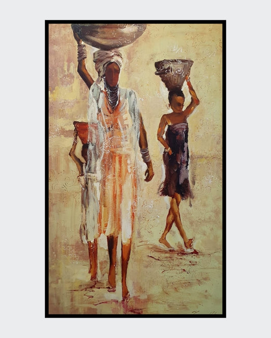 Das Gemälde Die Frauen von Vadim Lazarev zeigt eine Gruppe von Frauen mit großen Körben auf dem Kopf, in fließenden Gewändern und warmen Sandtönen. Ihre Gesichtszüge sind bewusst abstrahiert, sodass der Fokus auf der Bewegung und dem Ausdruck der Figuren liegt. Die Textur des Farbauftrags und sanfte, impressionistische Lichtreflexe verleihen dem Werk eine lebendige Tiefe. Eine Hommage an Weiblichkeit, Gemeinschaft und Tradition.