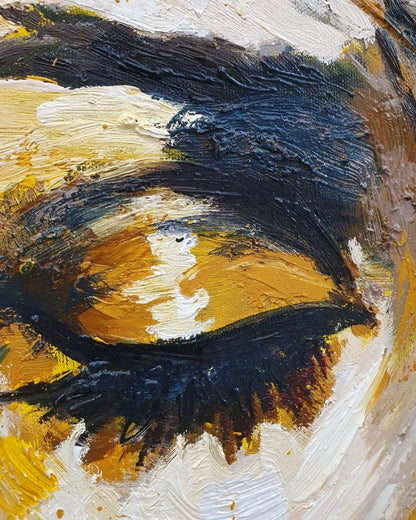 Ölgemälde von Vadim Lazarev, 100 × 80 cm. Ein weibliches Gesicht mit geschlossenen Augen, umgeben von kräftigen Gelb- und Schwarztönen. Dynamische Pinselstriche und Farbverläufe verleihen dem Bild eine expressive, fast surreale Tiefe. Goldene Akzente und tropfende Farbe verstärken die emotionale Wirkung. (Detail - Ausschnittansicht)