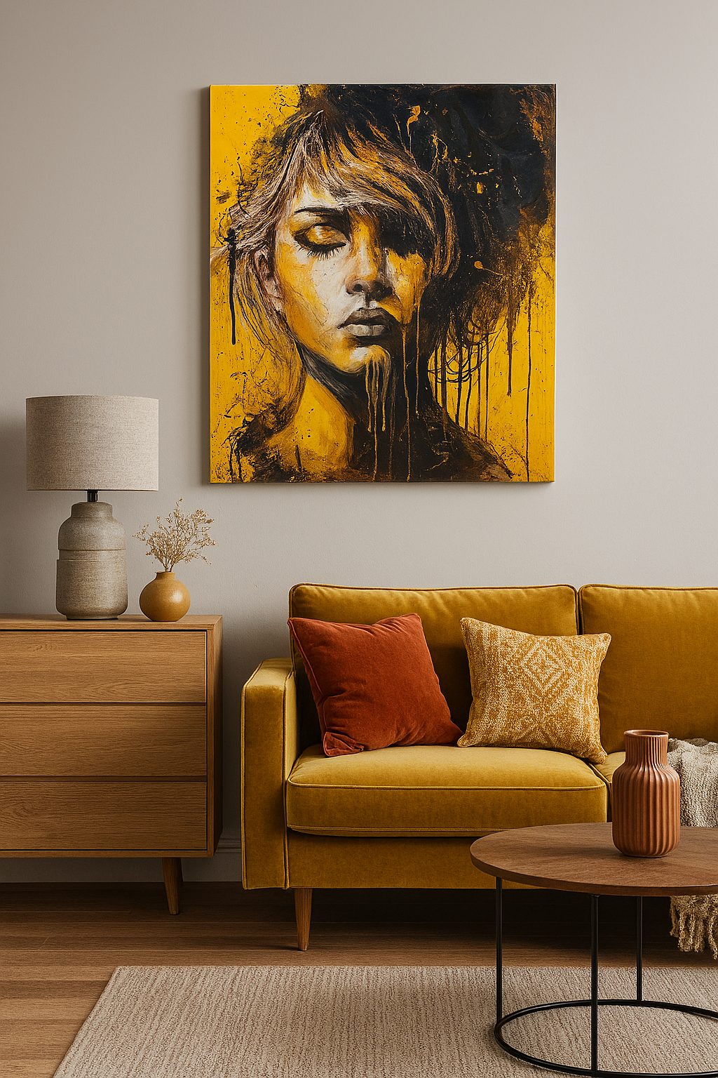 Ölgemälde von Vadim Lazarev, 100 × 80 cm. Ein weibliches Gesicht mit geschlossenen Augen, umgeben von kräftigen Gelb- und Schwarztönen. Dynamische Pinselstriche und Farbverläufe verleihen dem Bild eine expressive, fast surreale Tiefe. Goldene Akzente und tropfende Farbe verstärken die emotionale Wirkung. (Detail - Ausschnittansicht)