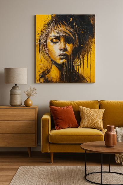 Ölgemälde von Vadim Lazarev, 100 × 80 cm. Ein weibliches Gesicht mit geschlossenen Augen, umgeben von kräftigen Gelb- und Schwarztönen. Dynamische Pinselstriche und Farbverläufe verleihen dem Bild eine expressive, fast surreale Tiefe. Goldene Akzente und tropfende Farbe verstärken die emotionale Wirkung. (Detail - Ausschnittansicht)
