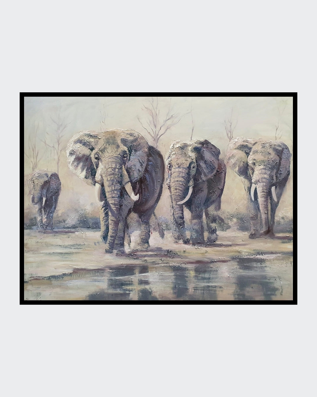 Ein beeindruckendes Ölgemälde von Vadim Lazarev (Elefanten), das eine Gruppe von Elefanten in warmen Braun-, Ocker- und Grautönen zeigt. Die expressive Maltechnik mit starken Pinselstrichen und pastosem Farbauftrag verleiht der Szene eine lebendige, fast greifbare Tiefe. Der Hintergrund bleibt abstrakt und atmosphärisch, wodurch der Fokus auf die monumentale Erscheinung der Tiere gelenkt wird. Eine eindrucksvolle Darstellung von Kraft und Ruhe.